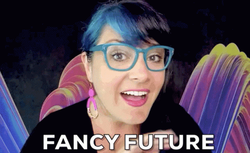 A Woman With Blue Hair Wearing Glasses And Pink Earrings Says Fancy Future GIF