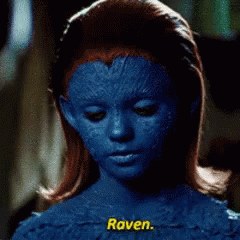 A Woman With Blue Paint On Her Face Says " Raven " In Yellow Letters GIF