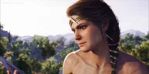 A Woman With Braided Hair And A Headband Is Holding A Sword GIF