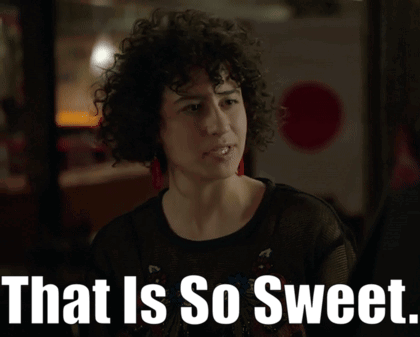 A Woman With Curly Hair And The Words That Is So Sweet On The Bottom GIF
