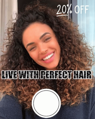 A Woman With Curly Hair Is Smiling With The Words " Live With Perfect Hair " Below Her GIF