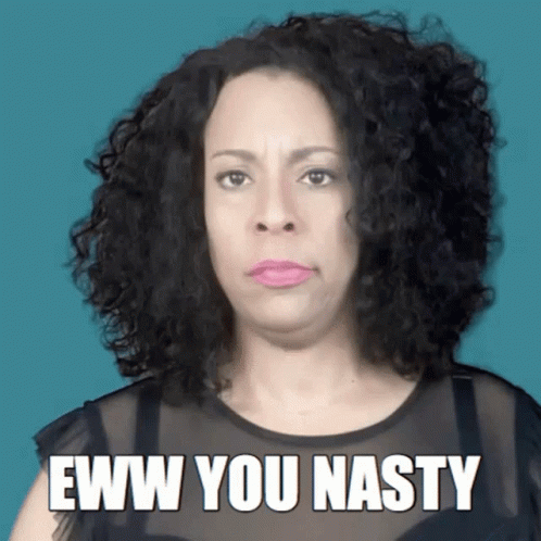 A Woman With Curly Hair Says Eww You Nasty In Front Of A Blue Background GIF