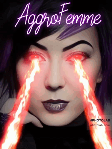 A Woman With Fire Coming Out Of Her Eyes And The Words Aggro Femme GIF