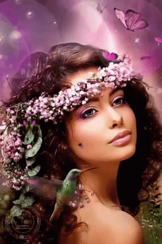 A Woman With Flowers In Her Hair And A Hummingbird On Her Shoulder . GIF