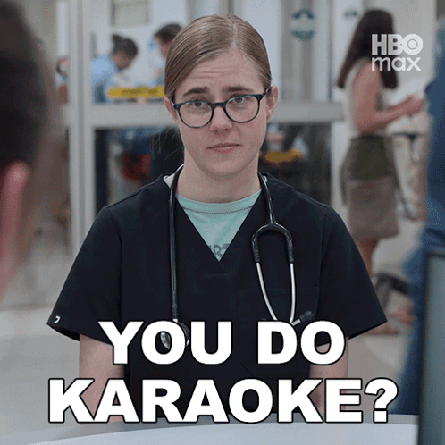 a woman with glasses and a stethoscope around her neck says " you do karaoke "