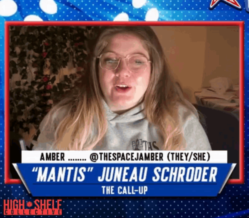 A Woman With Glasses And The Name Juneau Schroeder On The Bottom GIF