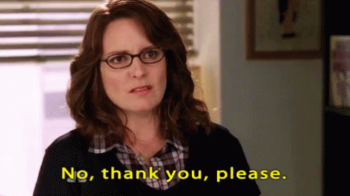 A Woman With Glasses Is Saying No Thank You Please . GIF