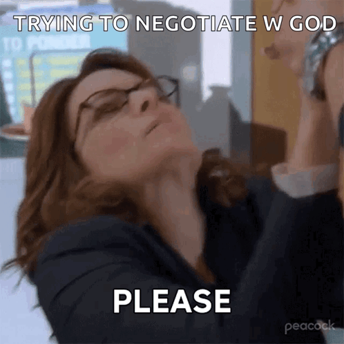 A Woman With Glasses Is Saying Please While Looking Up At Something GIF