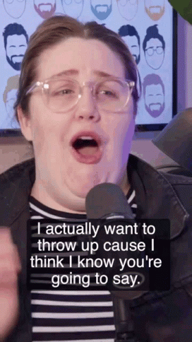 A Woman With Glasses Is Talking Into A Microphone And Says I Actually Want To Throw Up GIF