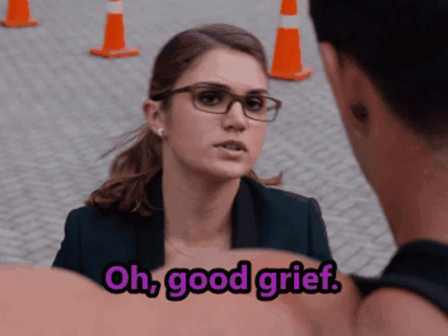 A Woman With Glasses Is Talking To A Man With The Words Oh Good Grief Above Her GIF