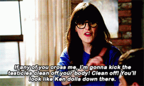A Woman With Glasses Says If Any Of You Cross Me I 'M Gonna Kick The Testicles GIF