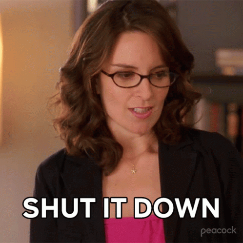 A Woman With Glasses Says Shut It Down In A Peacock Ad GIF