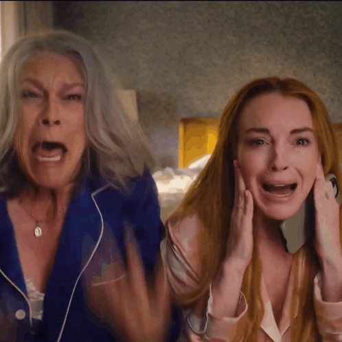 A Woman With Gray Hair And A Woman With Red Hair Screaming GIF