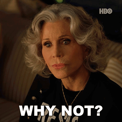 A Woman With Gray Hair Says " Why Not " In White Letters GIF
