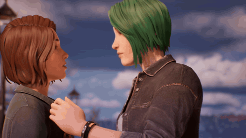 a woman with green hair is holding another woman 's arm