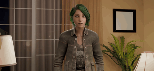 A Woman With Green Hair Is In A Living Room GIF