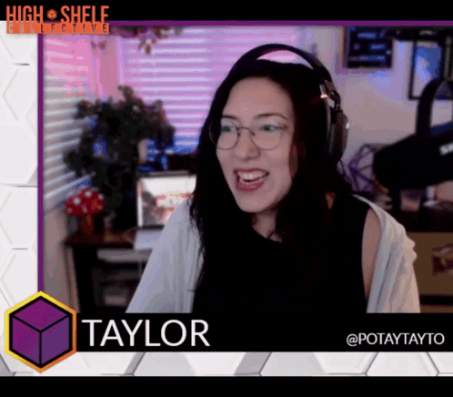 A Woman With Headphones And The Name Taylor On The Bottom GIF