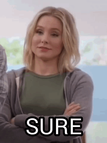 A Woman With Her Arms Crossed And The Word Sure Written On Her Face . GIF