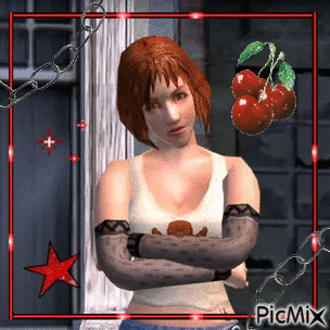 A Woman With Her Arms Crossed Is Surrounded By Chains And Cherries And Says Picmix On The Bottom GIF