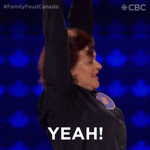 A Woman With Her Arms In The Air Says Yeah On A Blue Background GIF