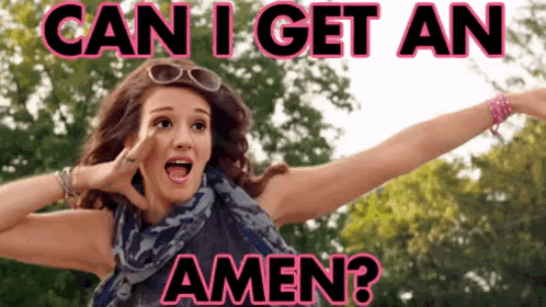 A Woman With Her Arms Outstretched And The Words Can I Get An Amen Behind Her GIF