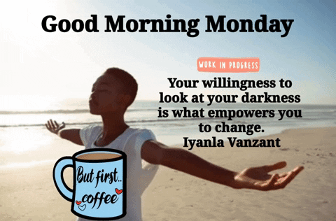 A Woman With Her Arms Outstretched On A Beach With A Cup Of Coffee That Says But First Coffee GIF