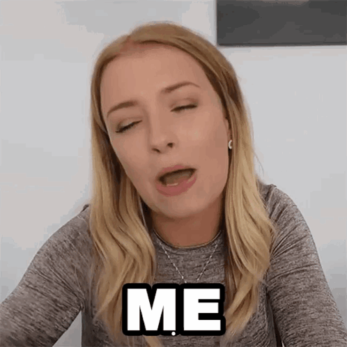 A Woman With Her Eyes Closed Has The Word Me On Her Chest GIF