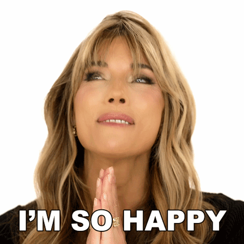 A Woman With Her Hands Folded And The Words I 'M So Happy Above Her GIF