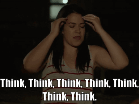 A Woman With Her Hands On Her Head Says Think Think Think Think Think Think Think Think Think GIF