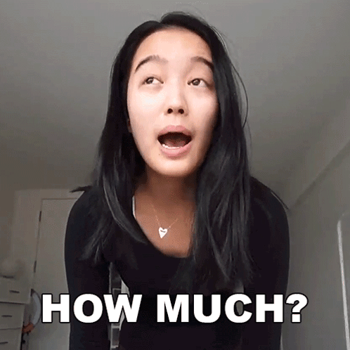 A Woman With Her Mouth Open And The Words How Much Behind Her GIF