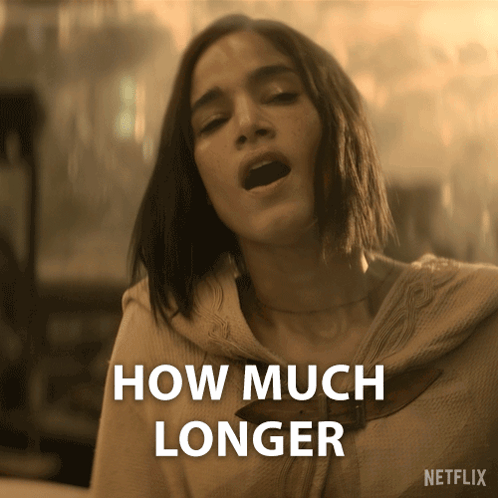 A Woman With Her Mouth Open And The Words How Much Longer GIF