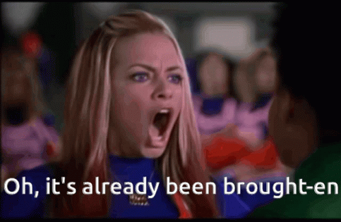 A Woman With Her Mouth Open And The Words Oh It 'S Already Been Brought-En Below Her GIF