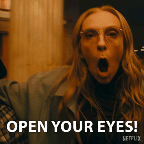 a woman with her mouth open and the words " open your eyes " behind her