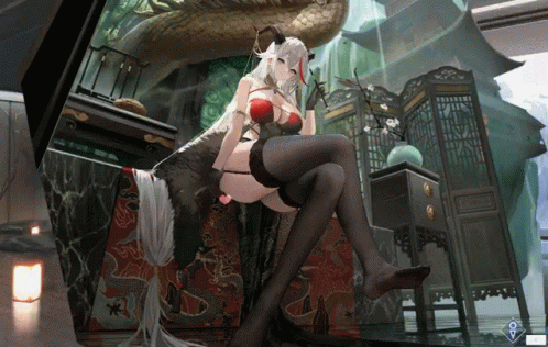 A Woman With Horns Is Sitting On A Couch In A Room GIF