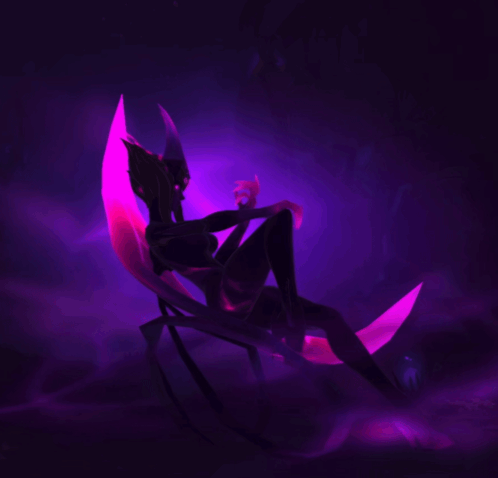 A Woman With Horns Is Sitting On A Spider With Purple Lights Behind Her GIF