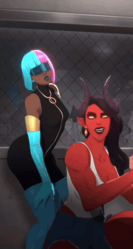 A Woman With Horns Is Standing Next To A Woman With A Blue Hair GIF