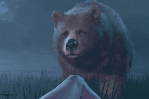 a woman with horns looks at a bear