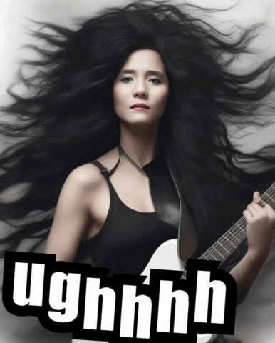A Woman With Long Black Hair Is Holding A Guitar And The Word Ughnhh Is Behind Her GIF