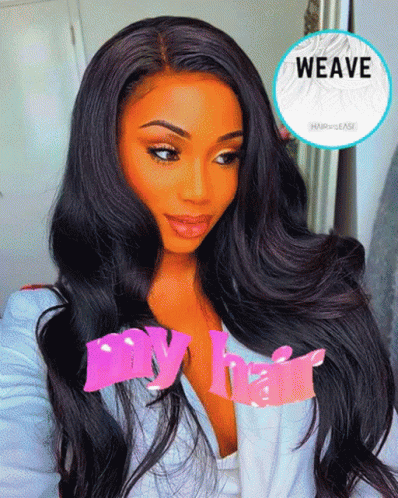 A Woman With Long Black Hair Is Wearing A White Sweater And A Pink Ribbon With The Word Weave On It GIF
