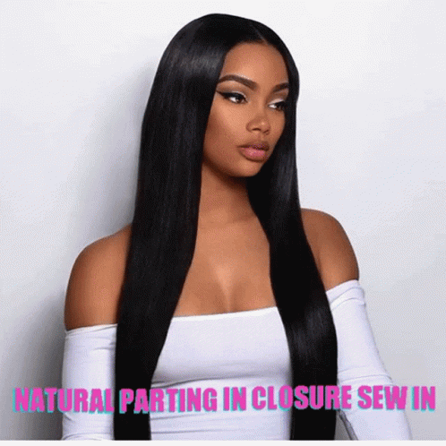 A Woman With Long Black Hair Is Wearing A White Top With The Words Natural Parting In Closure Sewn In GIF