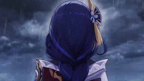 a woman with long blue hair is standing in the rain looking at the sky .