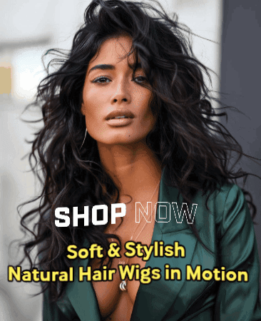 A Woman With Long Curly Hair Is Shown With The Words Shop Now Soft & Stylish Natural Hair Wigs In Motion GIF