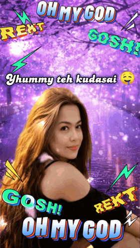 A Woman With Long Hair Is Surrounded By Text That Says " Oh My God " GIF