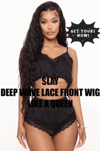 A Woman With Long Hair Is Wearing A Black Lace Front Wig That Says Deep Wave Lace Front Wig Like A Queen GIF