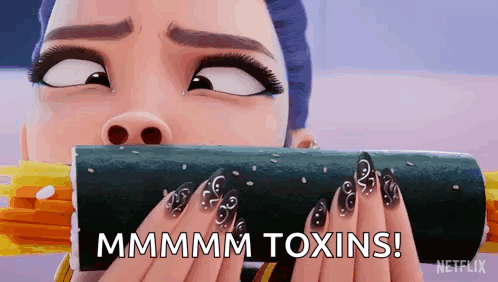A Woman With Long Nails Is Eating A Roll Of Sushi And Says Mmmmm Toxins ! GIF
