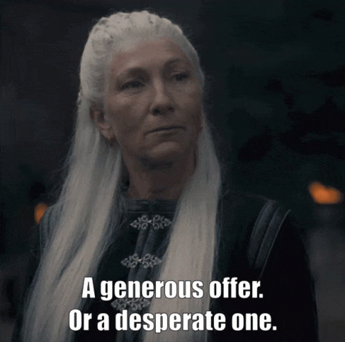 A Woman With Long White Hair Has The Words A Generous Offer Or A Desperate One Below Her GIF