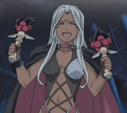 A Woman With Long White Hair Is Holding A Pair Of Sticks GIF