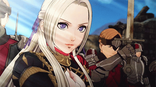 A Woman With Long White Hair Is Holding A Sword In A Video Game GIF