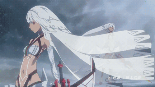 a woman with long white hair is holding a sword in her hand
