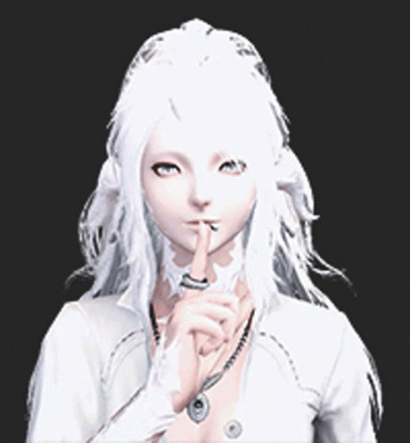 a woman with long white hair is holding her finger to her lips